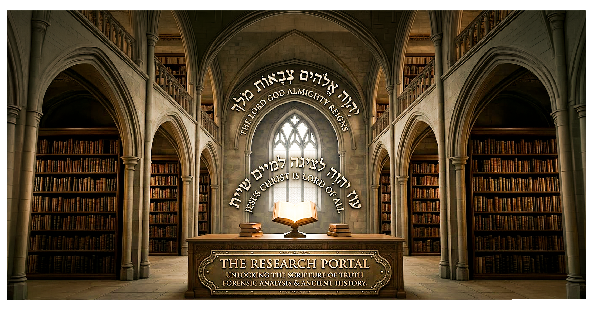 The Research Portal — cathedral library with glowing open book