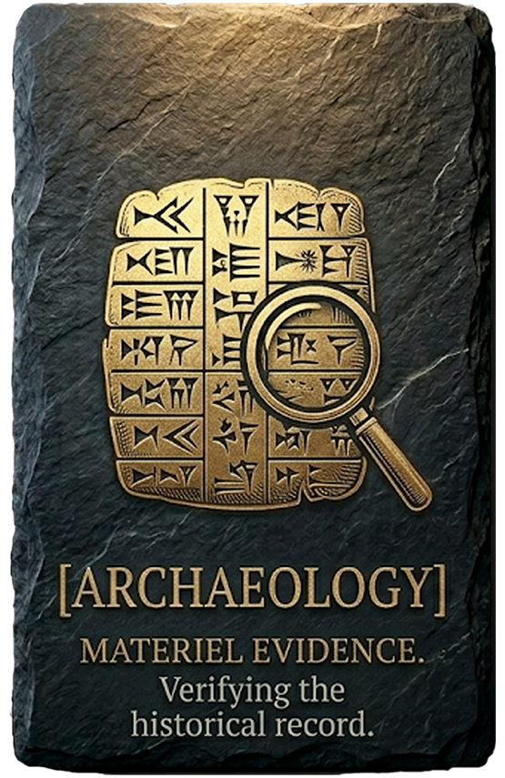 The Archaeology Pillar — cuneiform tablet and magnifying glass, Materiel Evidence